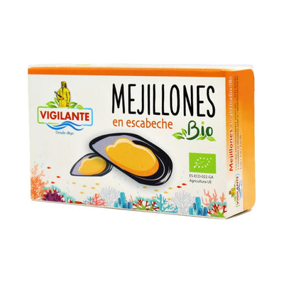 Vigilante Mejillones en escabeche BIO Pfahlmuscheln in Marinade BIO 70g