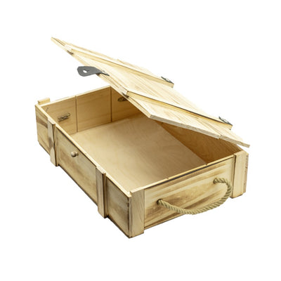 Holzkiste geflammt für drei Flaschen inkl. Holzwolle mit Hanfseilgrif