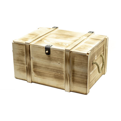 Holzkiste geflammt für 6 Flaschen inkl. Holzwolle mit Hanfseilgrif